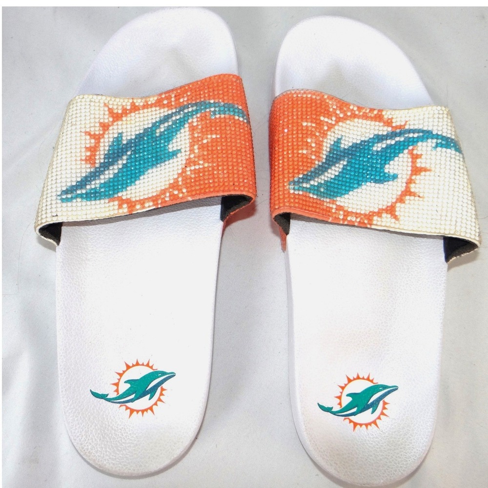 Miami Dolphins NFL Women Rhinestone Logo‎ Slide Sandals White Orange Size L